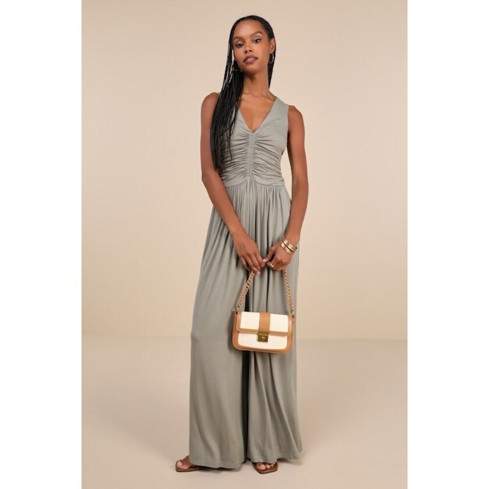 Lulus Breezy Fascination Sage Green Ruched Cutout Jumpsuit - Size S